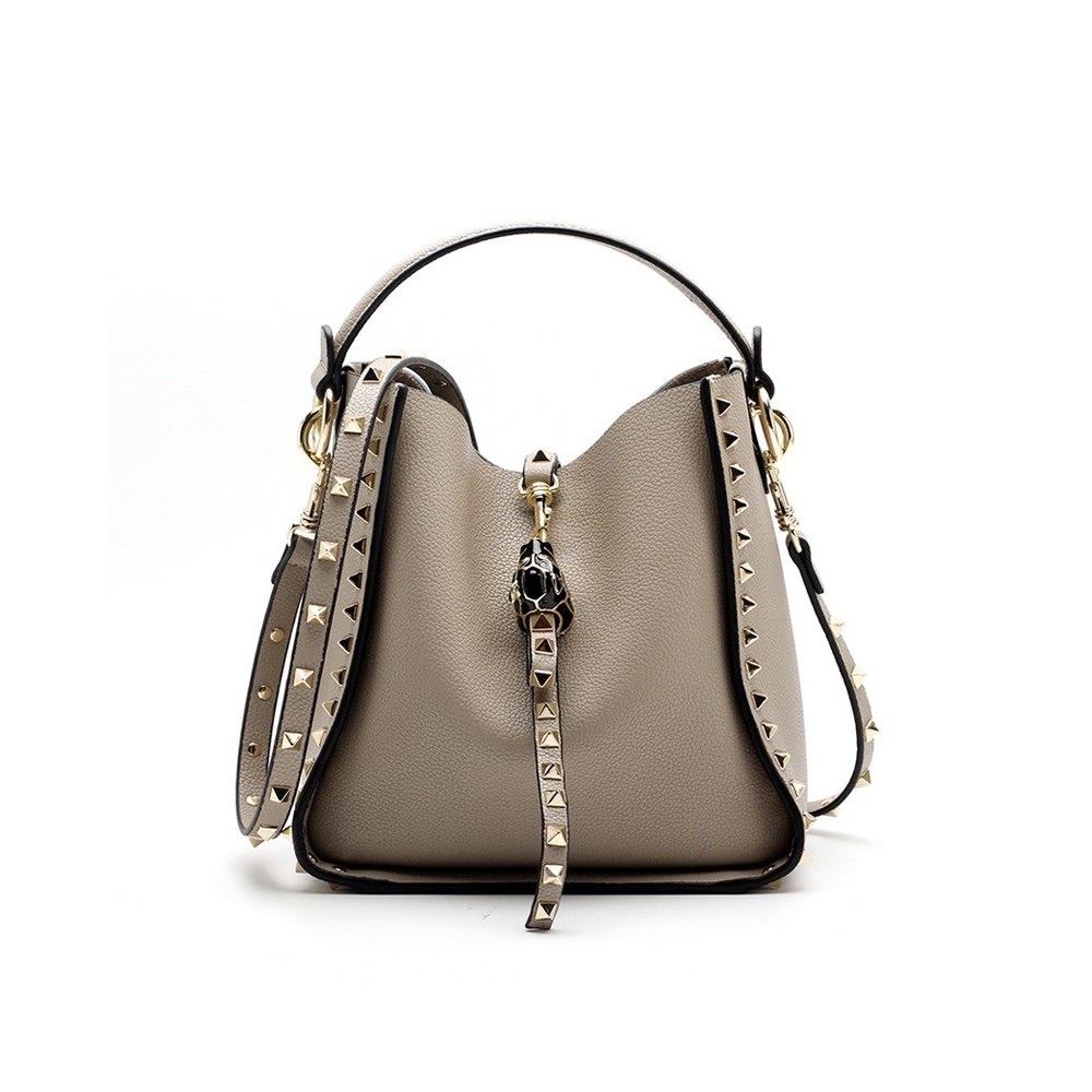 Genuine Leather Studded Bucket Cowhide Leather beige bag